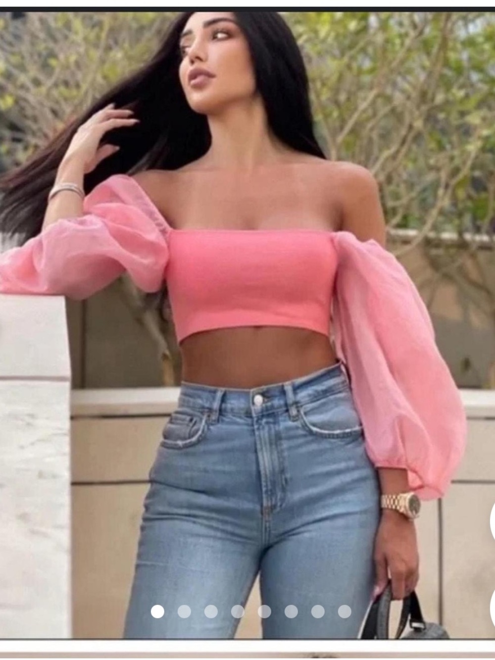 Zara Pink Off-Shoulder Puff Sleeve Crop Top with Sheer Sleeves